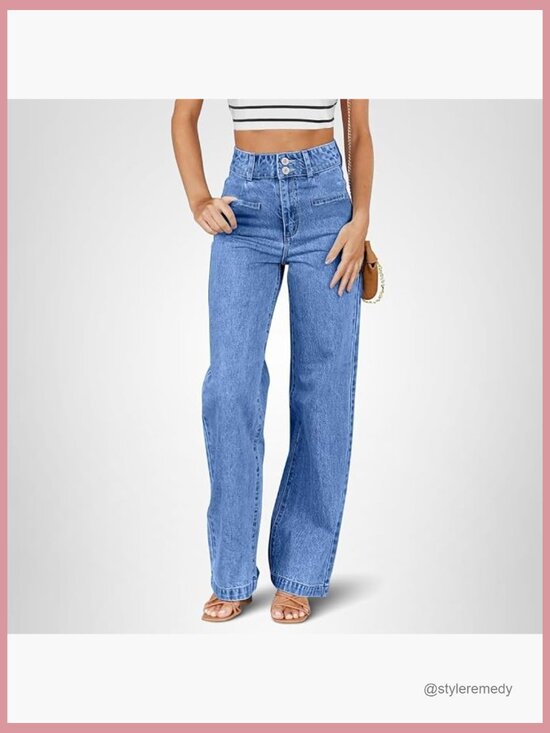 Denim - High Waisted Straight Leg Stretchy Jeans Wide Leg Denim Pants with Pockets